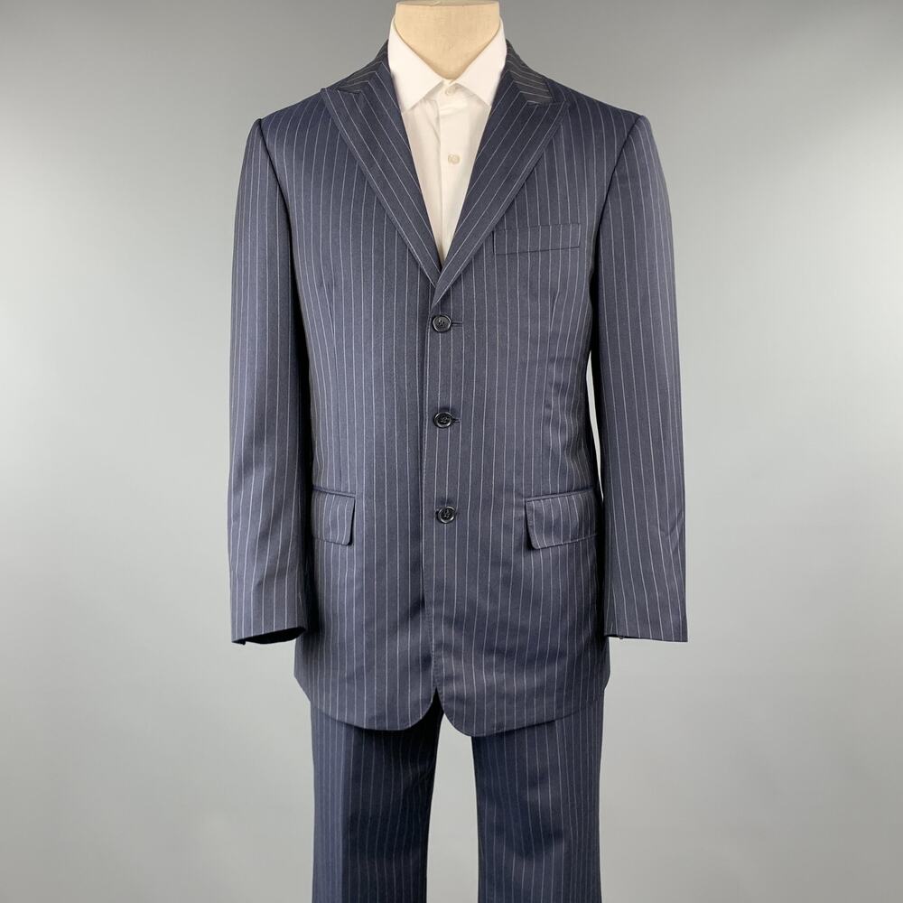 DAVID AUGUST Size 40 Navy & Gray Stripe Wool Peak Lapel 34 x 30 Suit